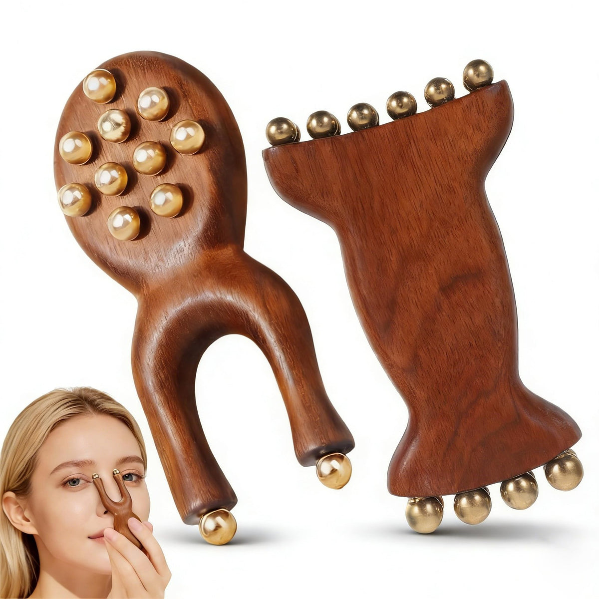 Wood Lymphatic Drainage Massager Set for Face & Body - Sandalwood & Brass