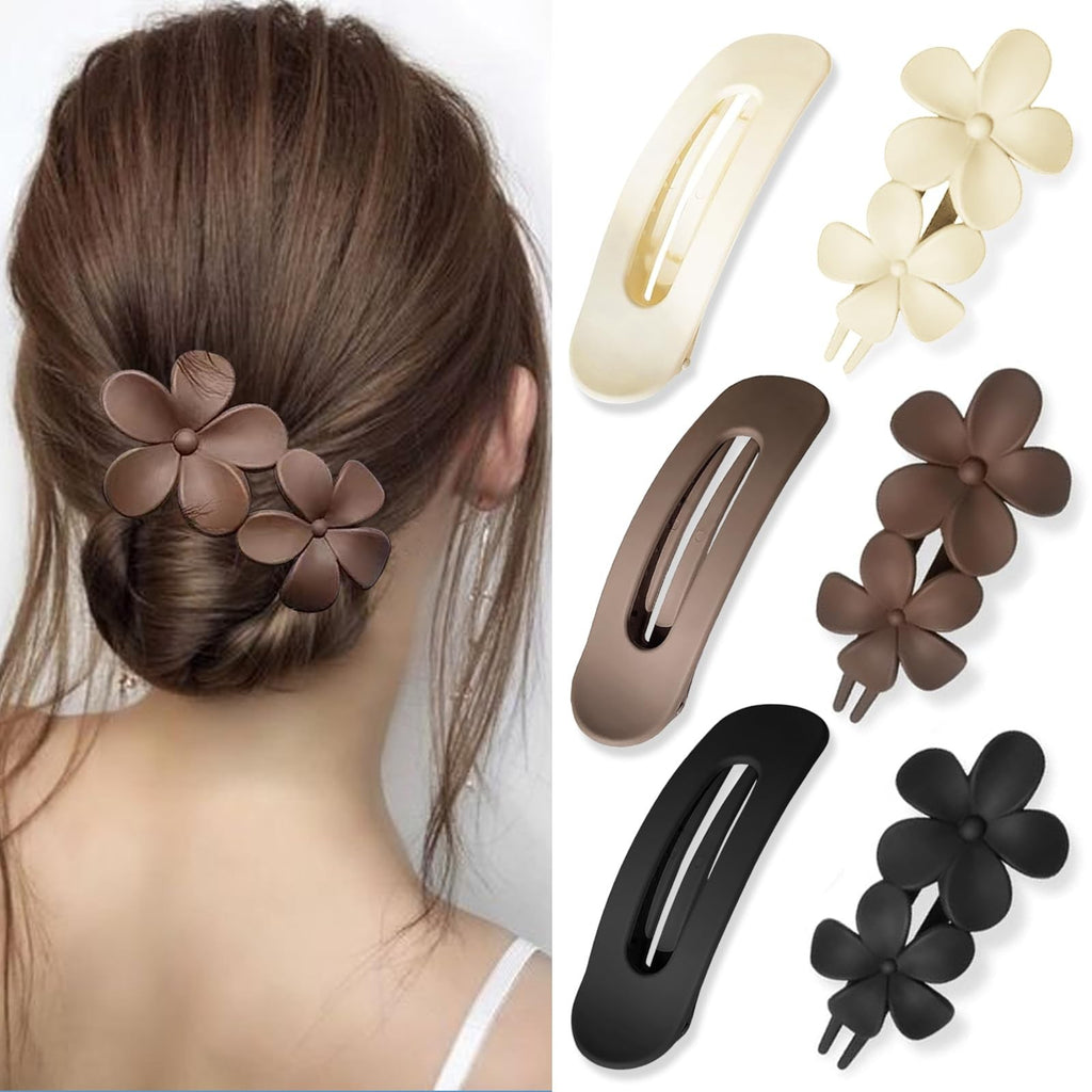 Flat & Flower Hair Clips Set - 6 Pack, Strong Hold Claw & Non-Slip Styles