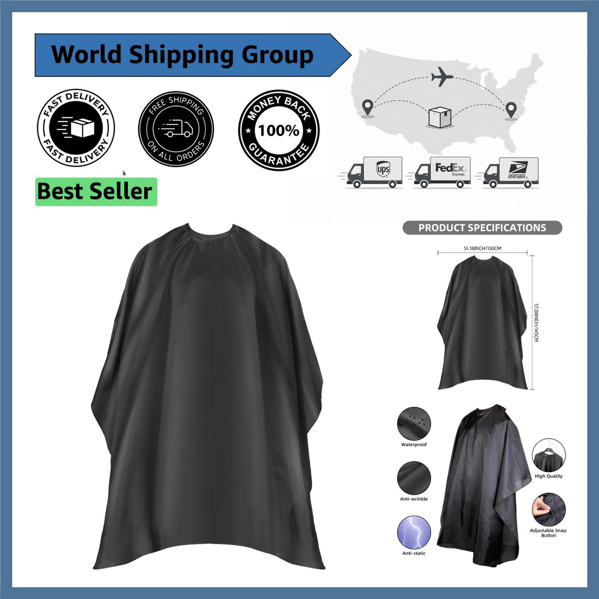 Professional Nylon Hair Cutting Cape 57 Inch Adjustable & Easy to Clean Black