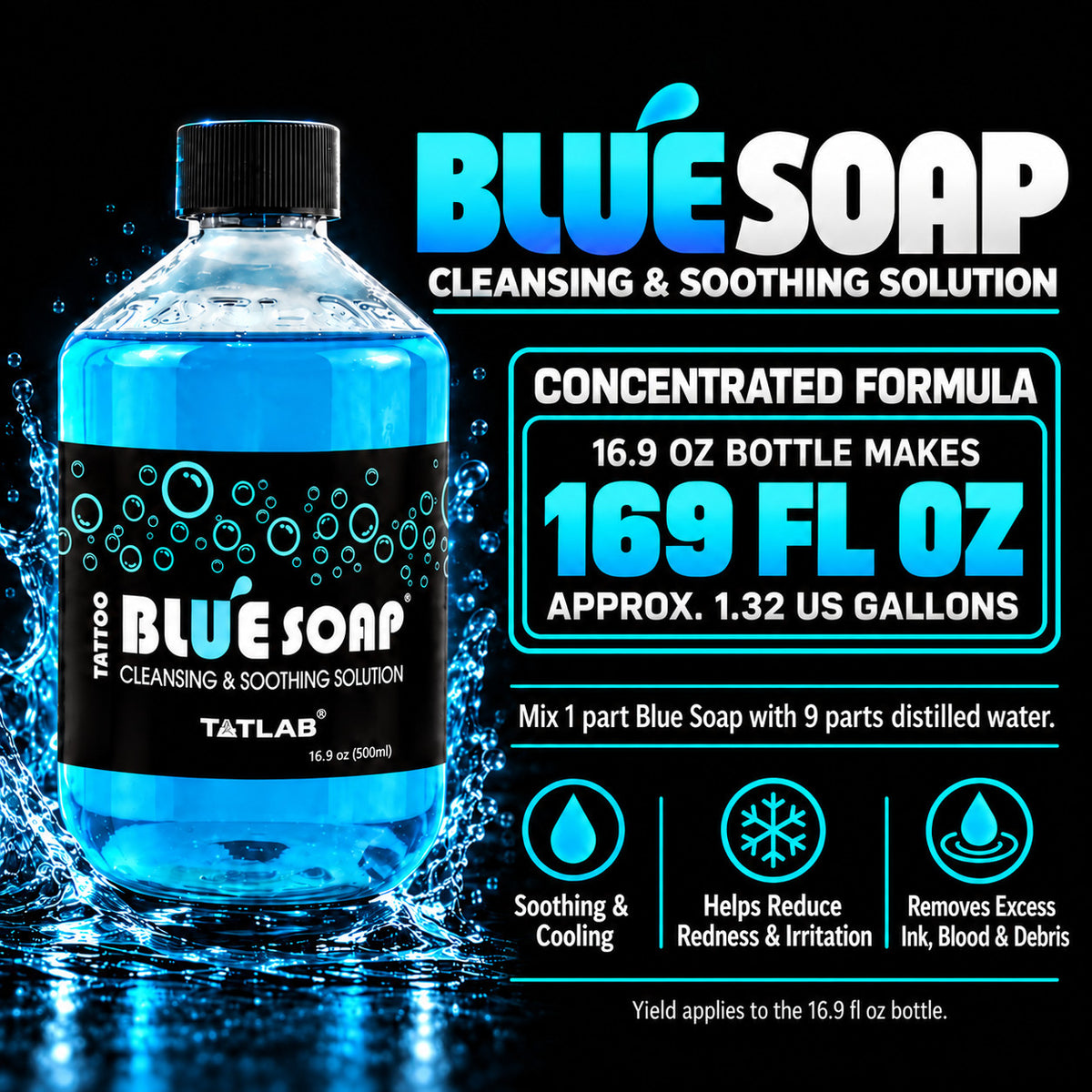 Tattoo Cleaning Solution Blue Soap 16oz with Menthol & Camphor, Concentrated Purifying & Soothing