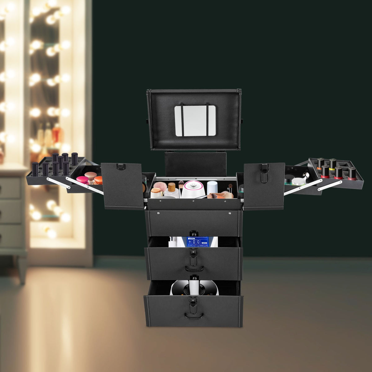 Rolling Makeup Train Case with Wheels, Mirror & Lockable Storage