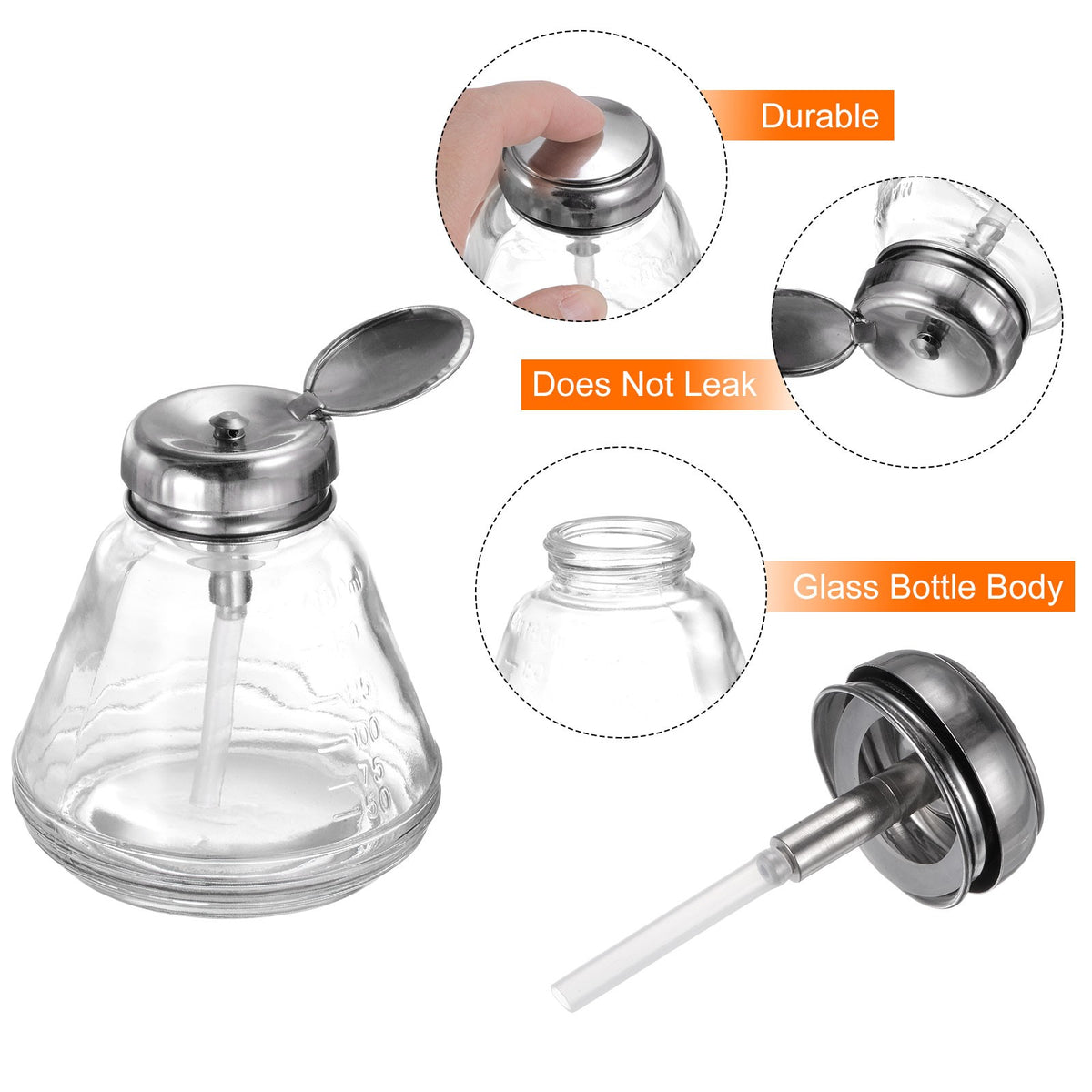 Glass Pump Dispenser Bottle 6oz 180ml with Metal Flip Cover for Liquids