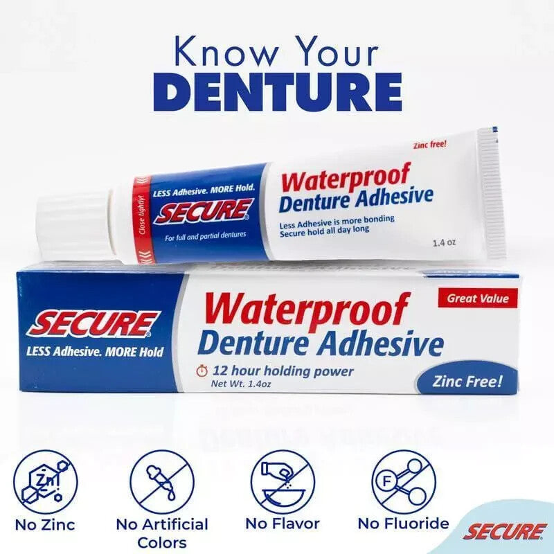 Waterproof Denture Adhesive - Extra Strong Hold, Zinc-Free, 12 Hours