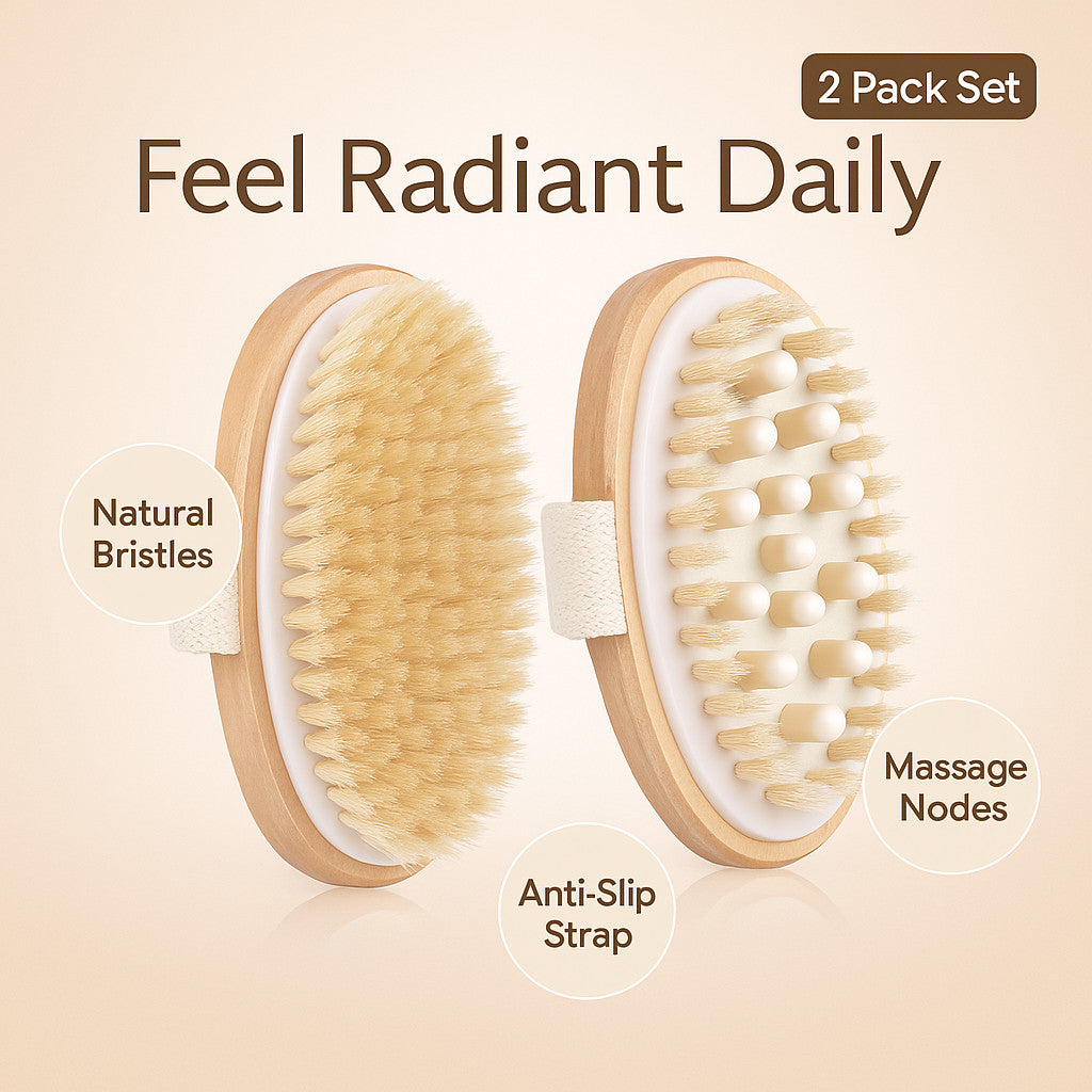 Natural Boar Bristle Dry Body Brush & Massage Tool Set for Skin Care