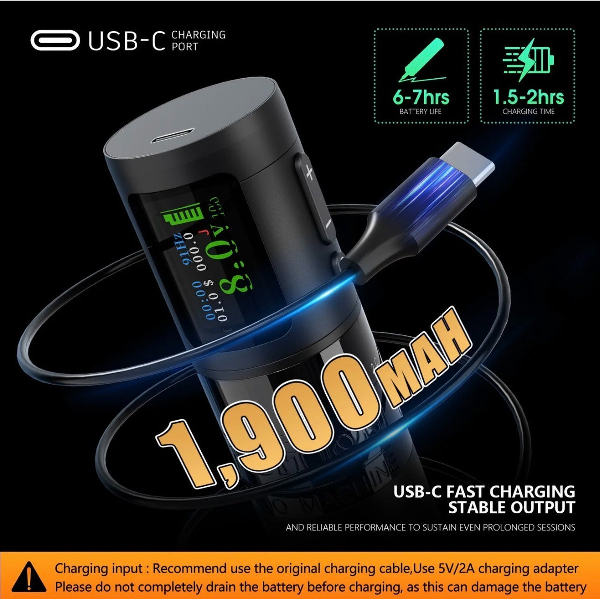 Wireless Tattoo Machine C1 Plus — 7 Stroke Settings 2.0–4.2mm, 1900mAh Battery