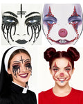 2 Pack Halloween Face Gems Jewels - Clown & Nun Self-Adhesive Rhinestone Tattoos