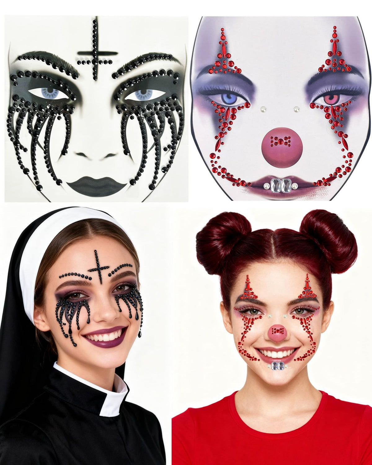 2 Pack Halloween Face Gems Jewels - Clown & Nun Self-Adhesive Rhinestone Tattoos