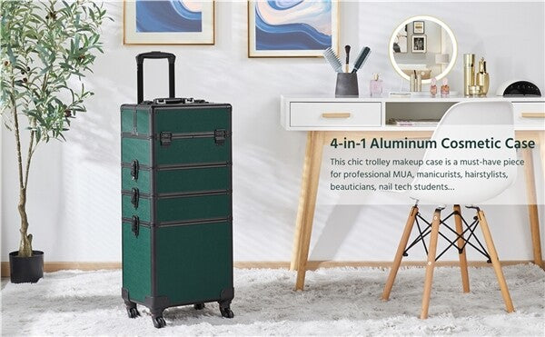 Aluminum 4-in-1 Professional Trolley Makeup Train Case Dark Green