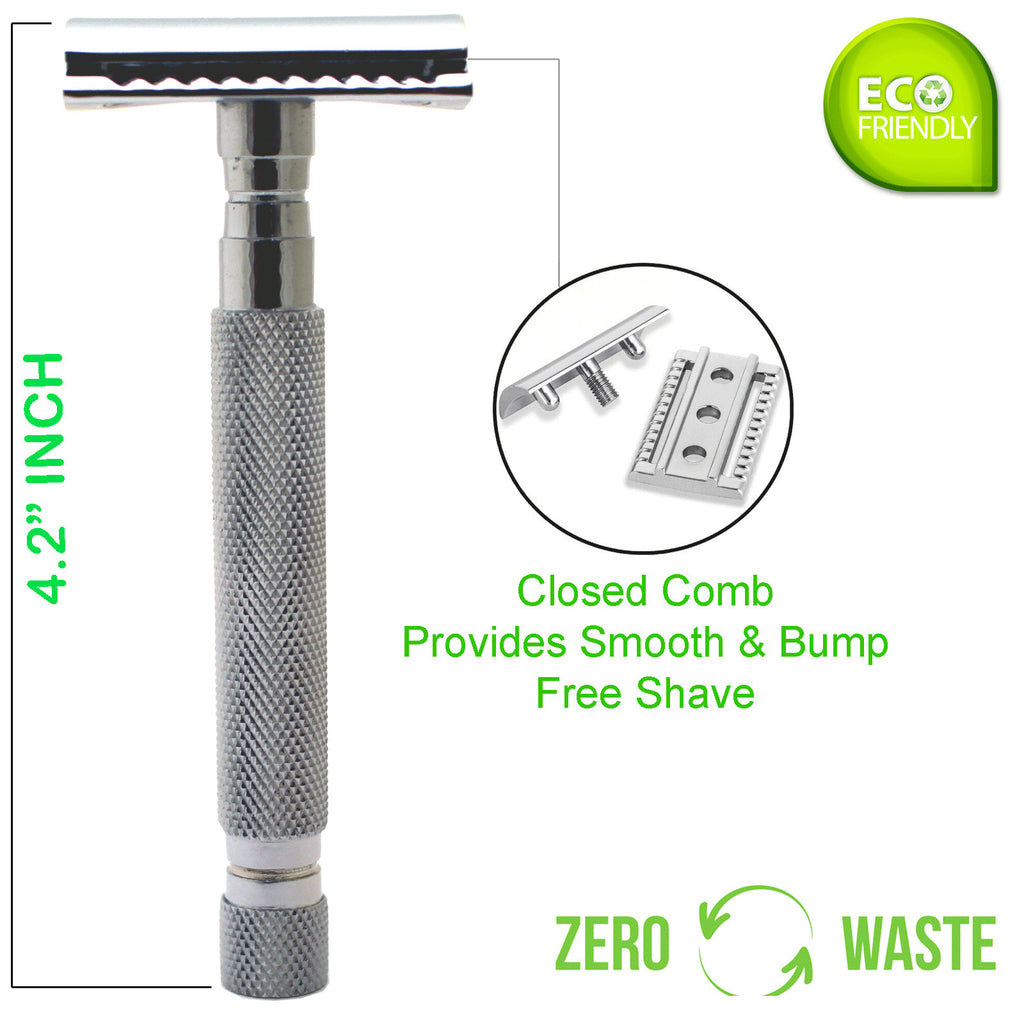 Double Edge Safety Razor for Men with 10 Blades - Stainless Steel Handle
