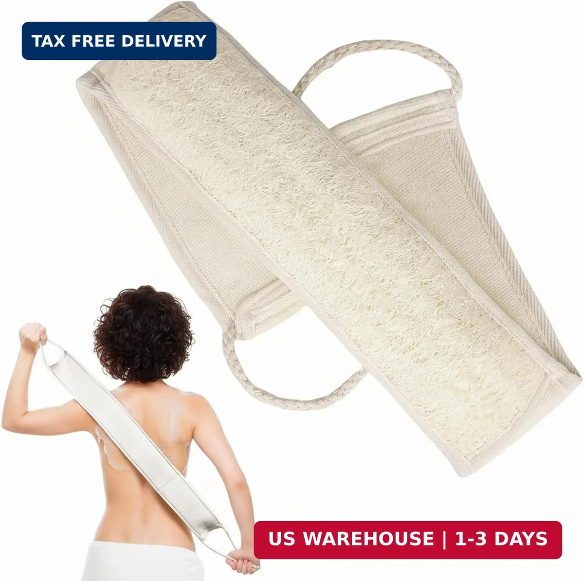 Long Natural Loofah Back Scrubber for Shower, Exfoliating Body Sponge with Cotton Handles - 33 Inch