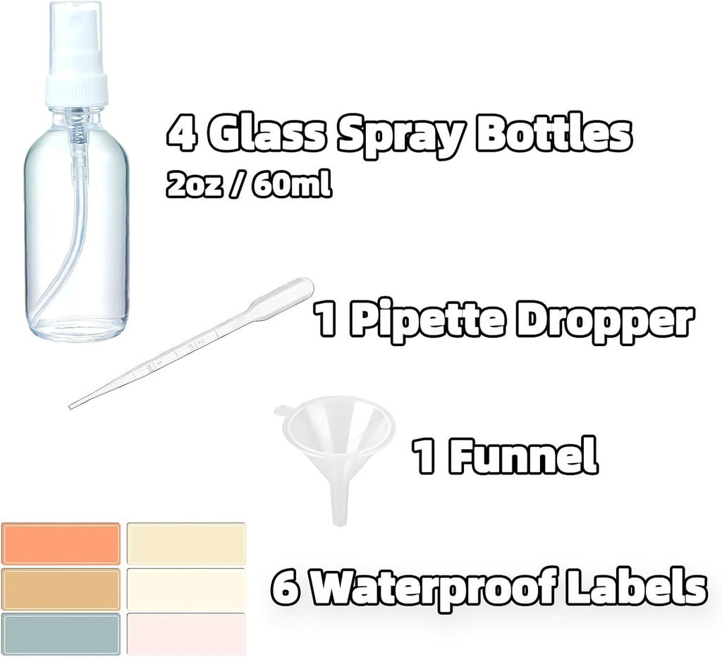 4 Pack 2oz Clear Glass Spray Bottles with Fine Mist Atomizer for Personal Care and Household Use