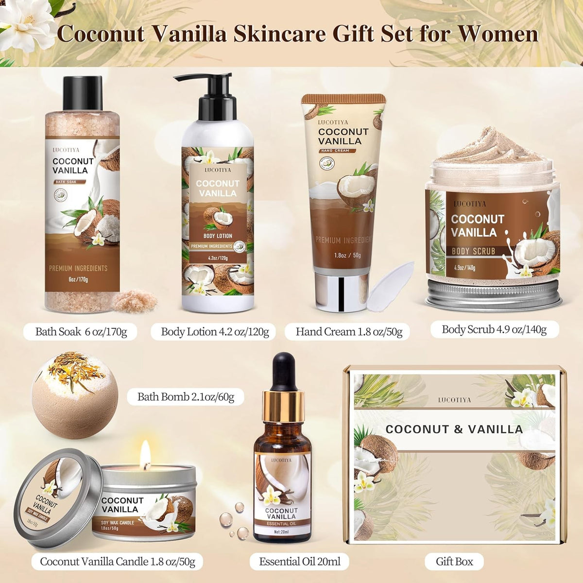 Vanilla Coconut Spa Gift Set for Women - Bath & Body Self Care Kit
