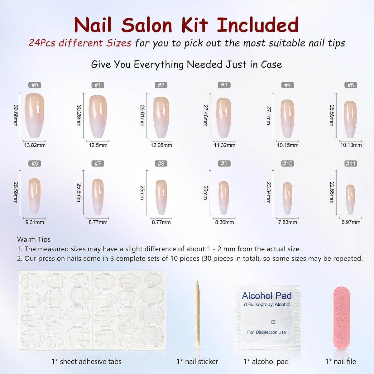 Extra Long Press On False Nails - Ombre Pink Nude White French Ballerina Tips