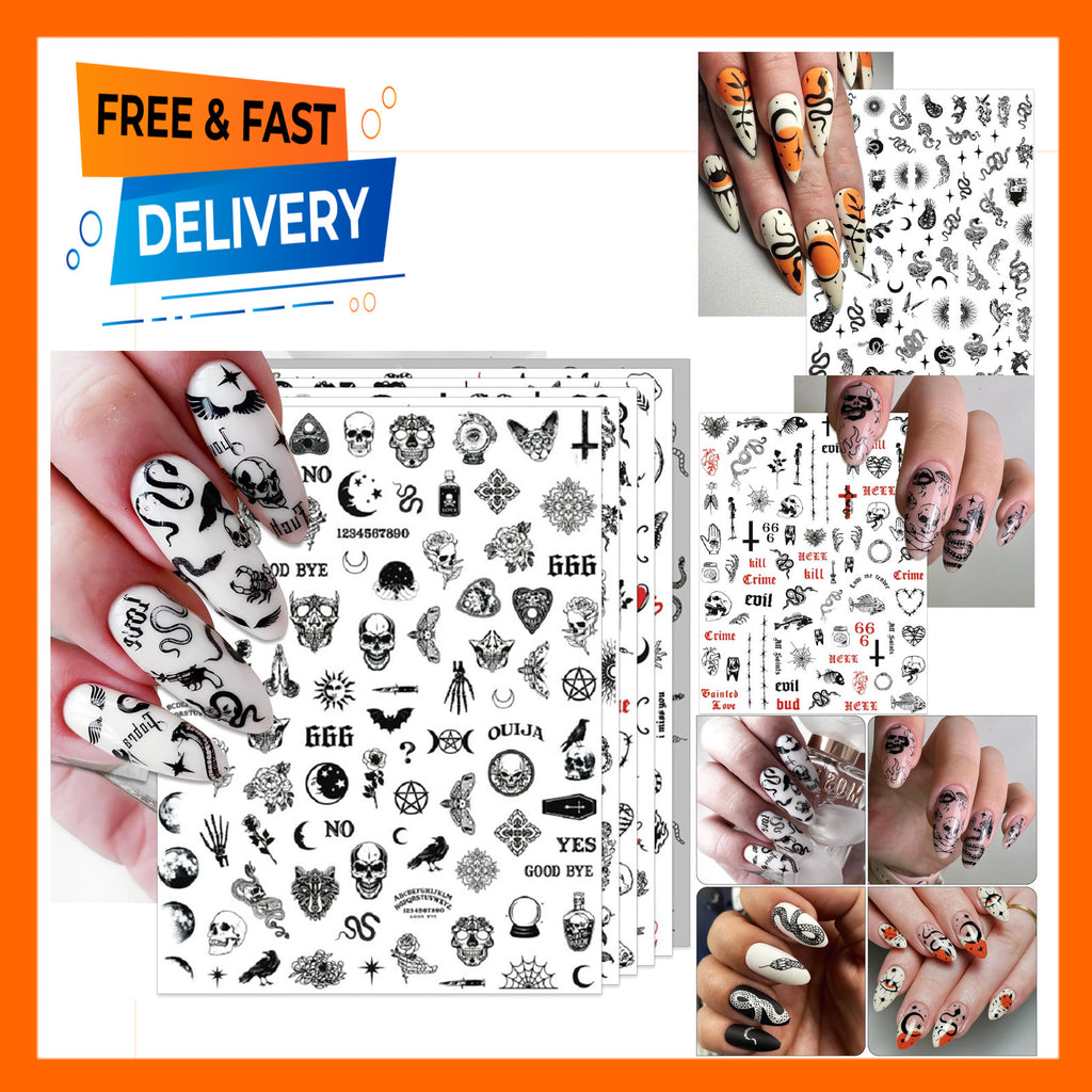 Black Gothic Snake & Skull Nail Art Stickers - Self-Adhesive 3D Decals for Edgy Manicures