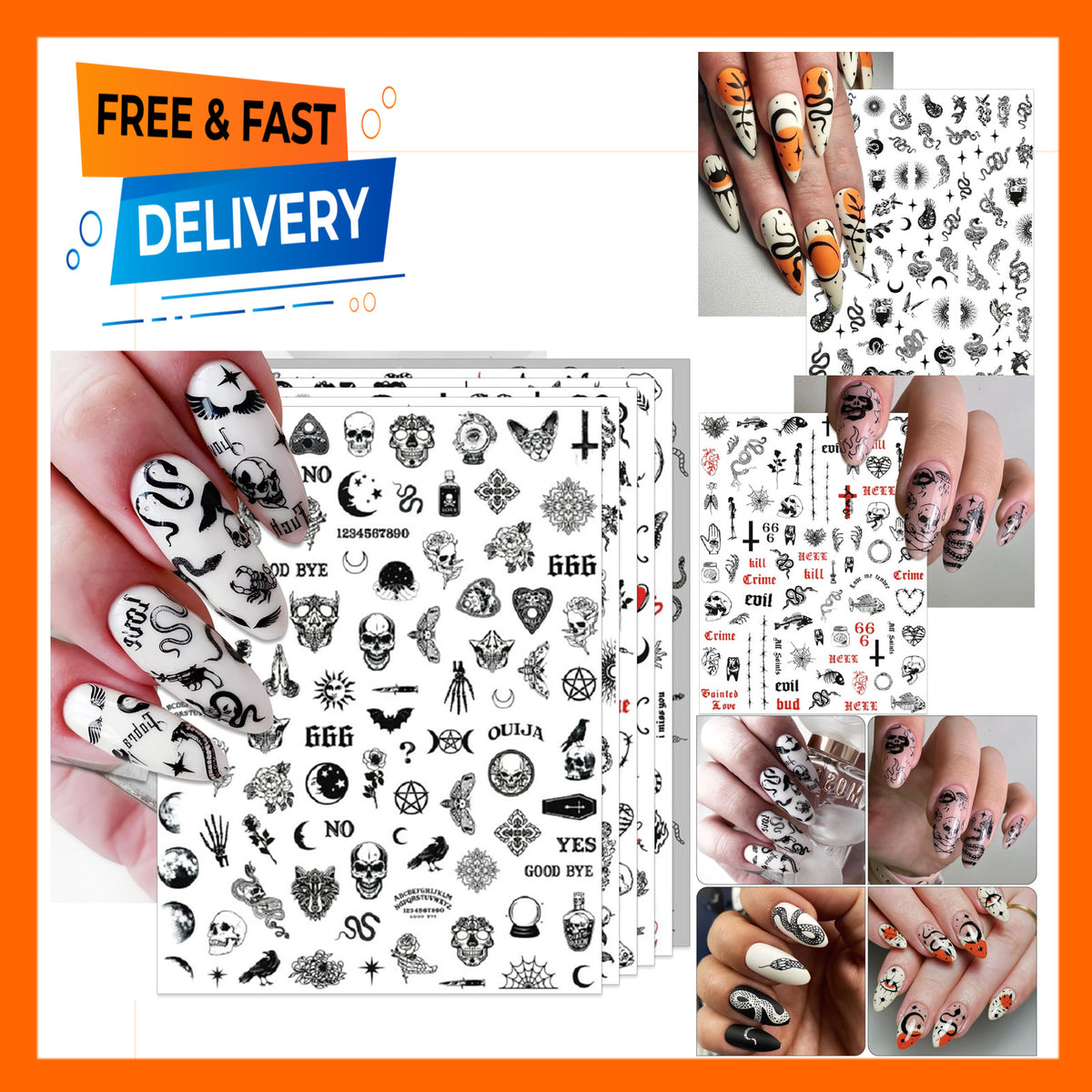 Black Gothic Snake & Skull Nail Art Stickers - Self-Adhesive 3D Decals for Edgy Manicures