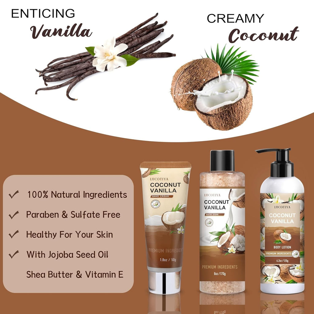 Vanilla Coconut Spa Gift Set for Women - Bath & Body Self Care Kit