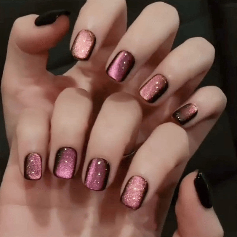 Pink Glitter Cat Eye Short Square Press-On Nails - 48 Pack, Fake Nail Set
