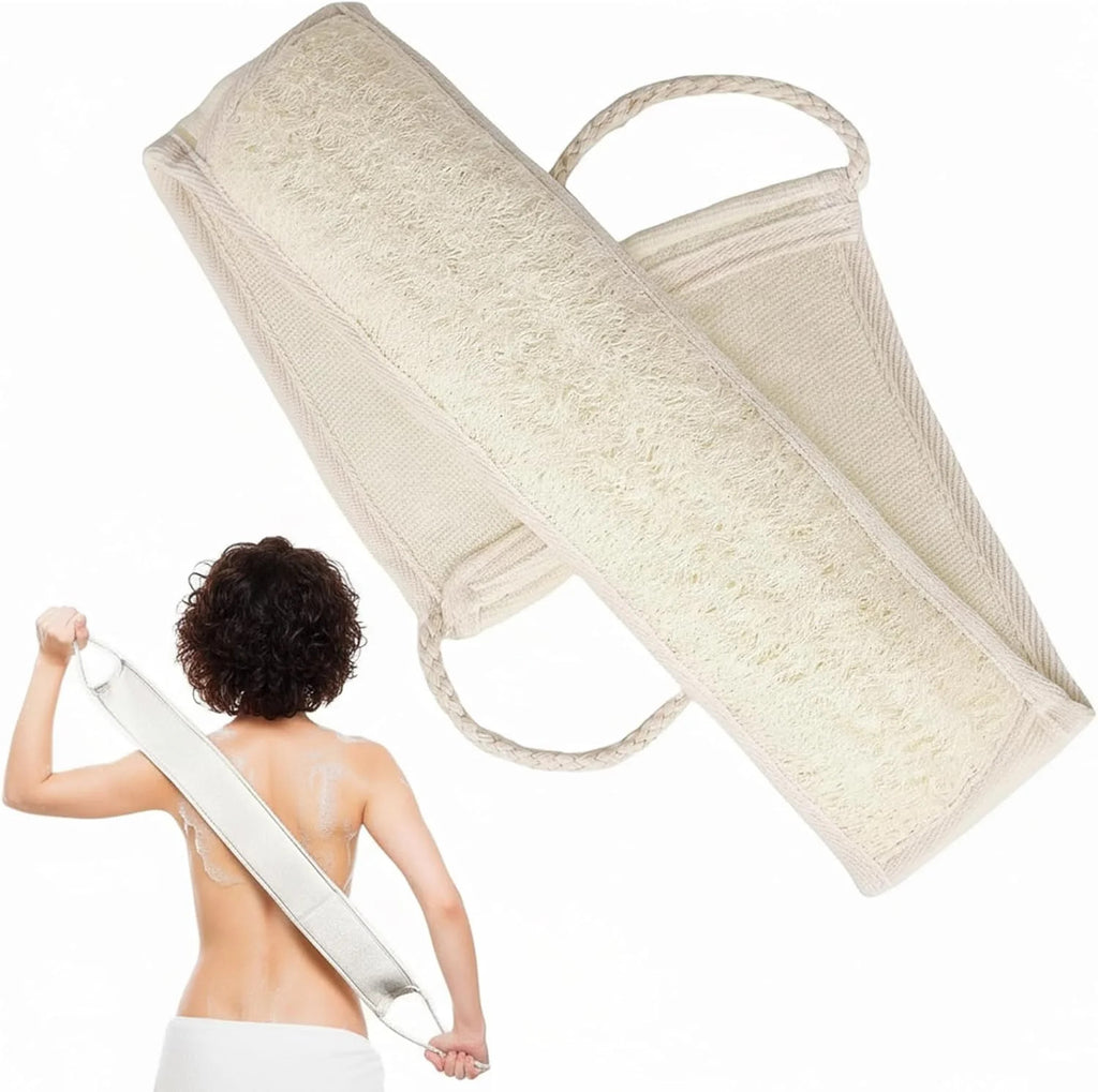 Long Natural Loofah Back Scrubber with Cotton Handles - Exfoliating Shower Body Wash