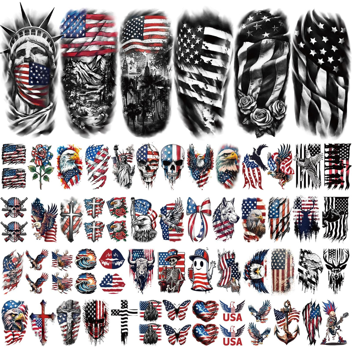 Patriotic Temporary Tattoos - 77 Sheets USA Flag & Fireworks Designs Waterproof