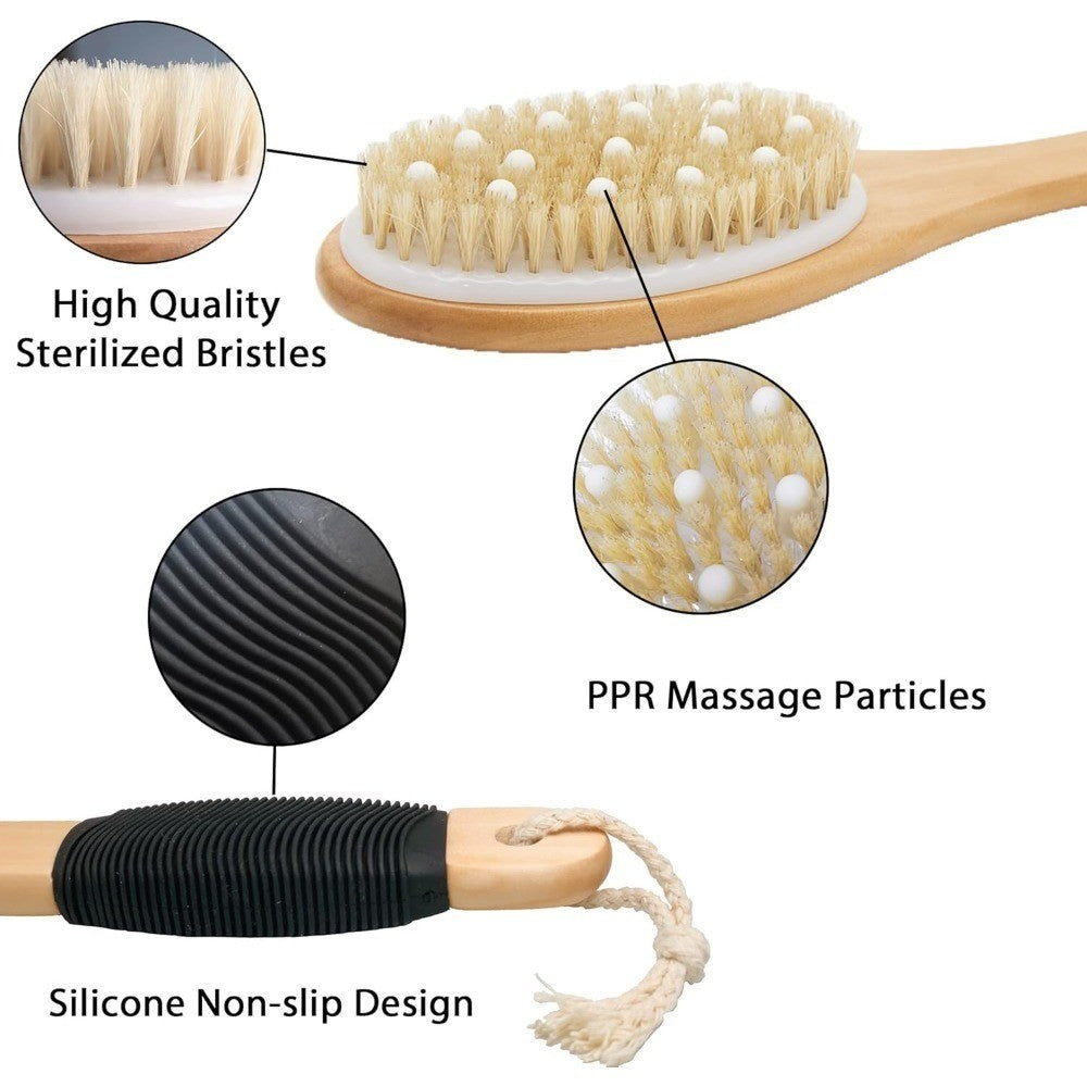 Wood Curved Bath Brush with Long Handle for Back Exfoliation