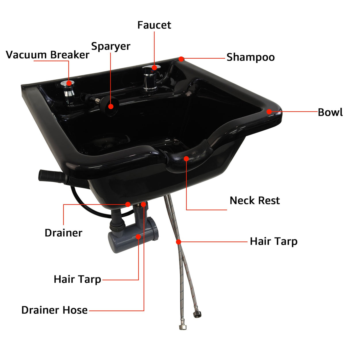 Wall Mount Hair Wash Basin for Salons and Home Use - ABS Shampoo Sink with Vacuum Breaker