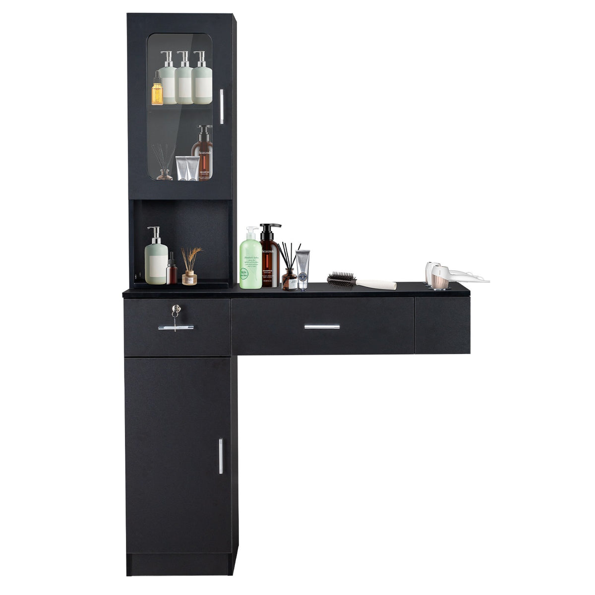 Salon Station Barber & Beauty Spa Storage Cabinet with Glass Door and Drawers