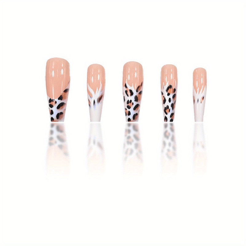 48pcs Nude White Leopard Flame Stiletto Press On Nails Trendy Fake Nails