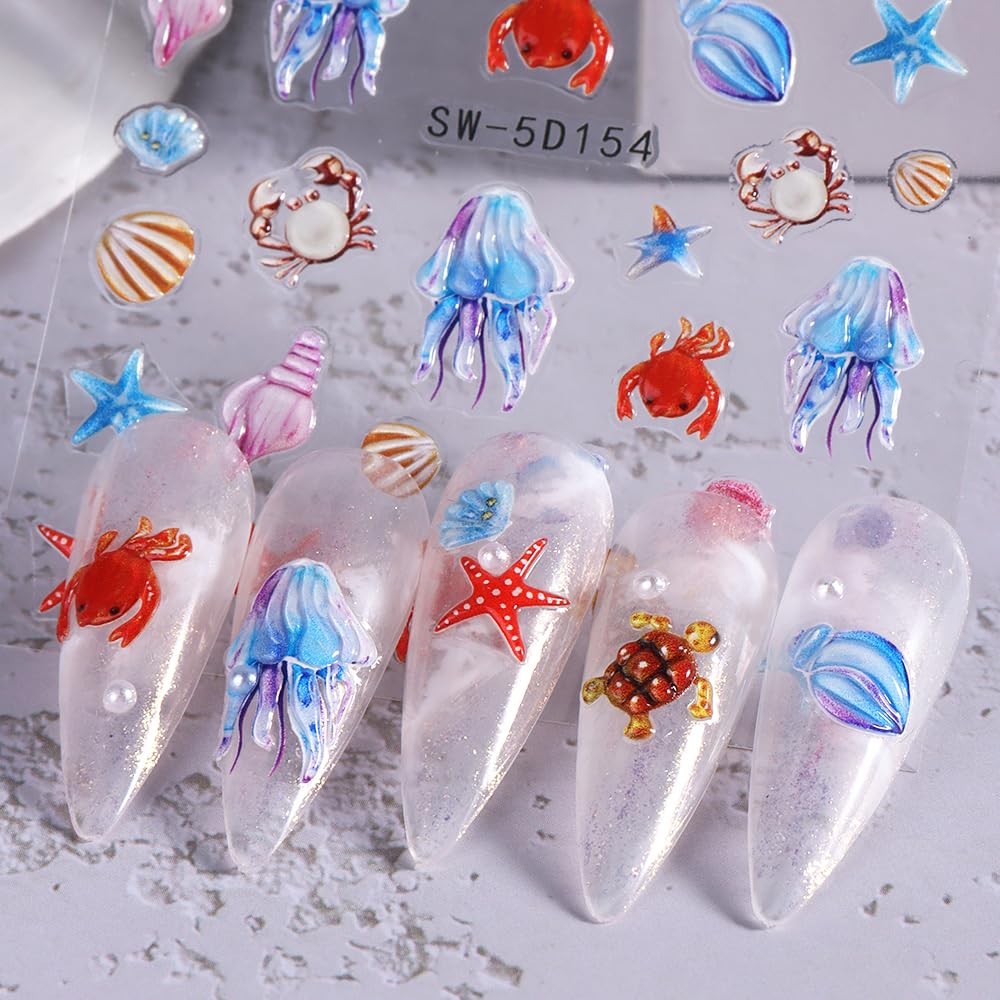 Summer Ocean Nail Stickers - 5D Embossed Shell & Sea Creatures Decals