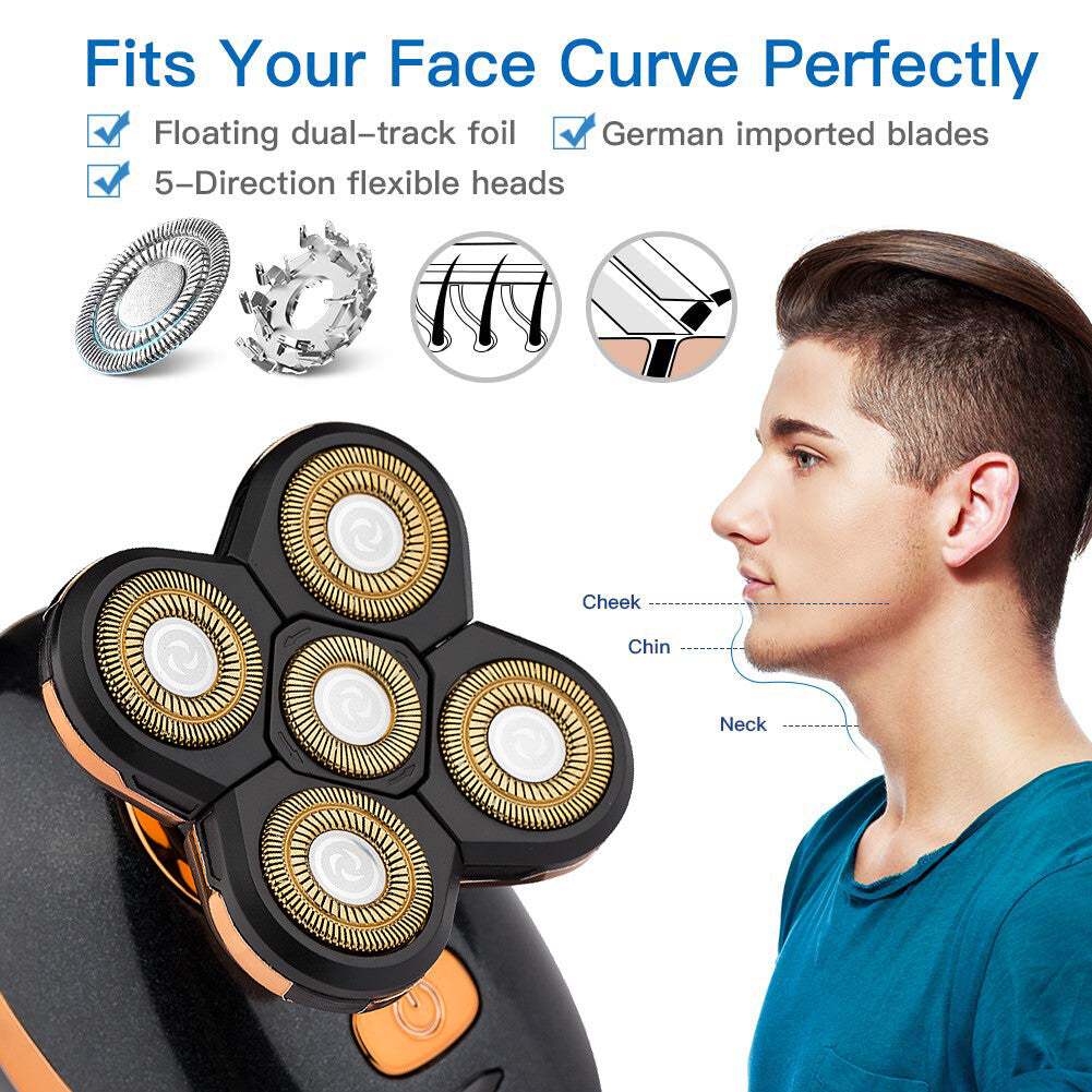 5-in-1 Rotary Electric Shaver for Bald Head Beard Hair Trimming Waterproof