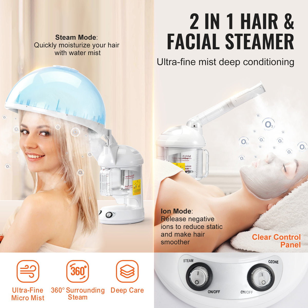 2-in-1 Hair & Facial Steamer with Bonnet Hood - Professional & Home Use