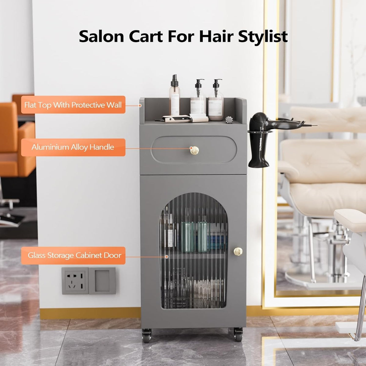 Salon Mobile Trolley Cart with Glass Door & Lockable Storage