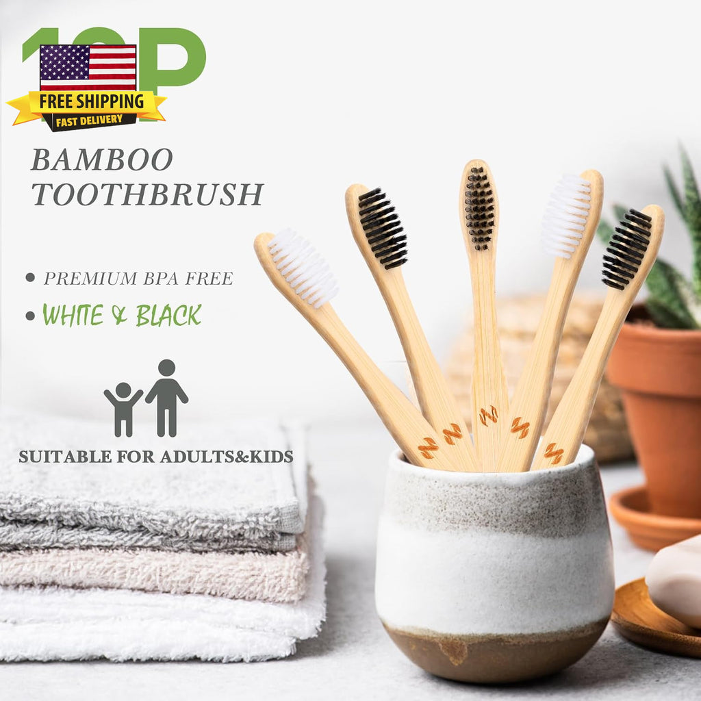 10 Pack Bamboo Toothbrushes - Eco-Friendly Wooden Reusable Oral Care Set