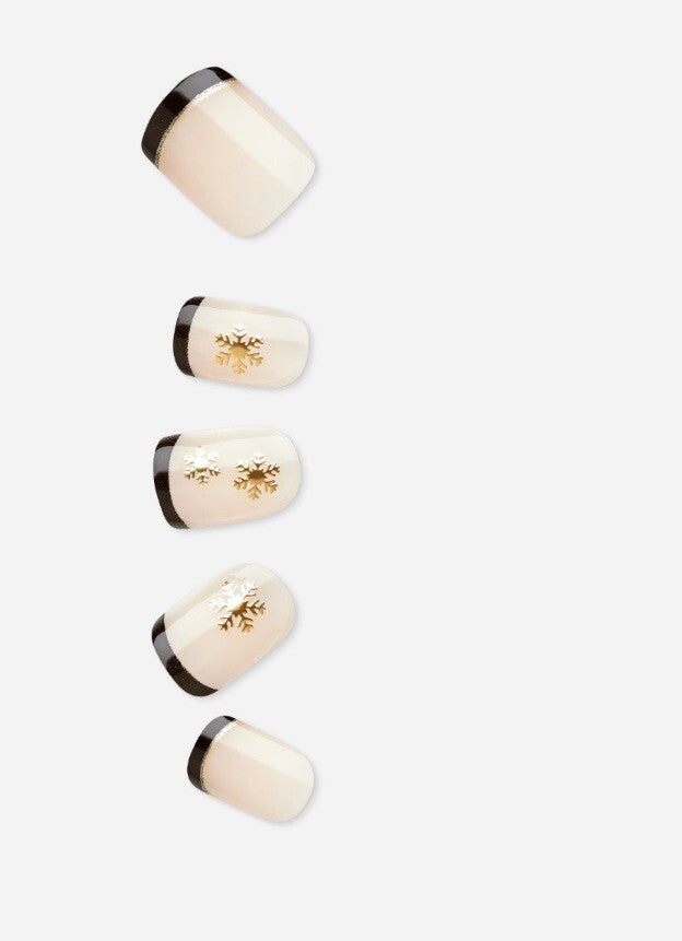 Short Length Black French Press-On Nails with Gold Snowflakes - Fake Nails