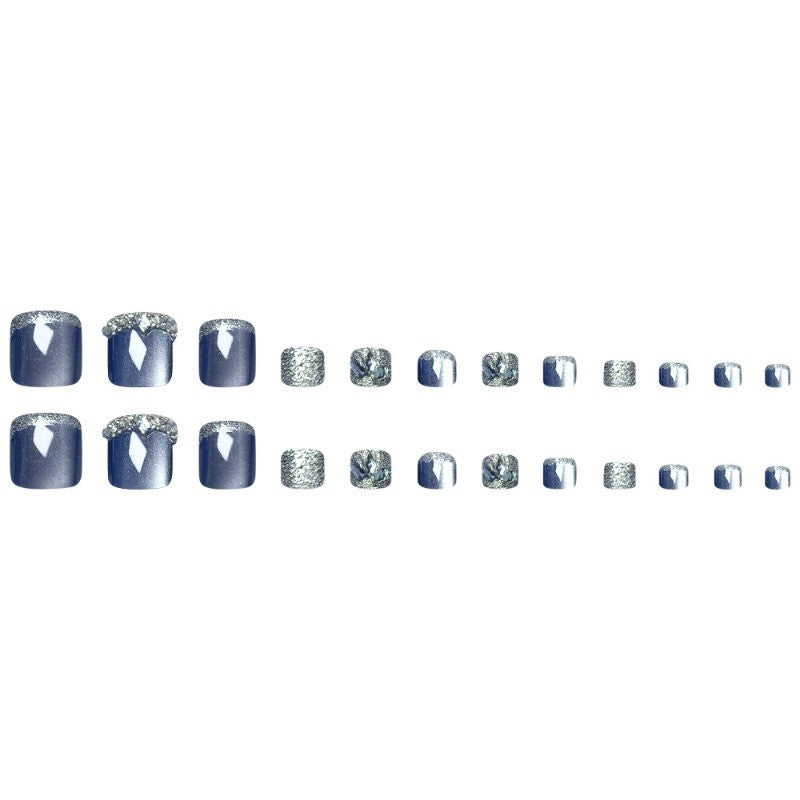 48Pcs Short Square Dark Blue Cat Eye Rhinestone Glitter Press-On Nails