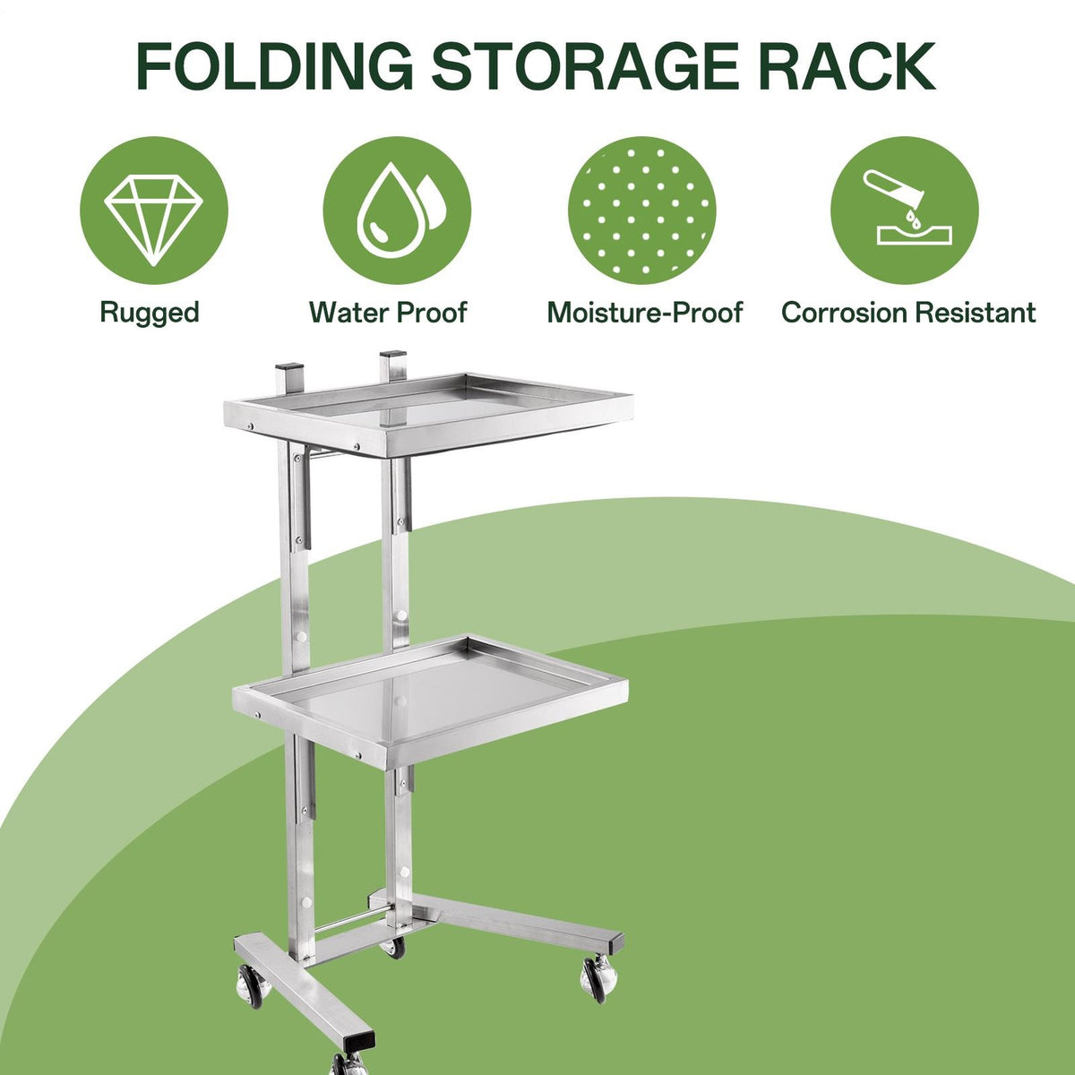 Stainless Steel 2-Level Medical Utility Cart with Wheels - Folding Hospital Trolley