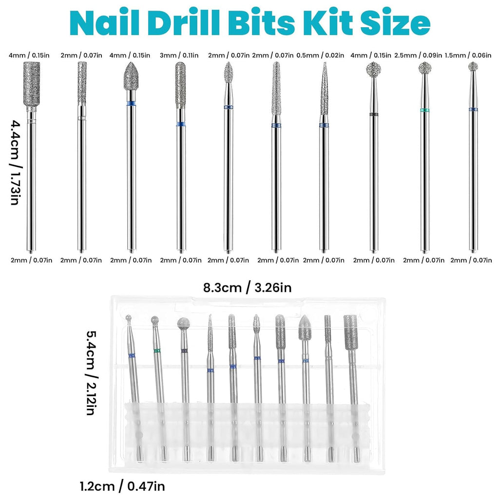 Nail Drill Bits Set - 10 Pcs Tungsten Carbide and Diamond Tips for Manicure Pedicure