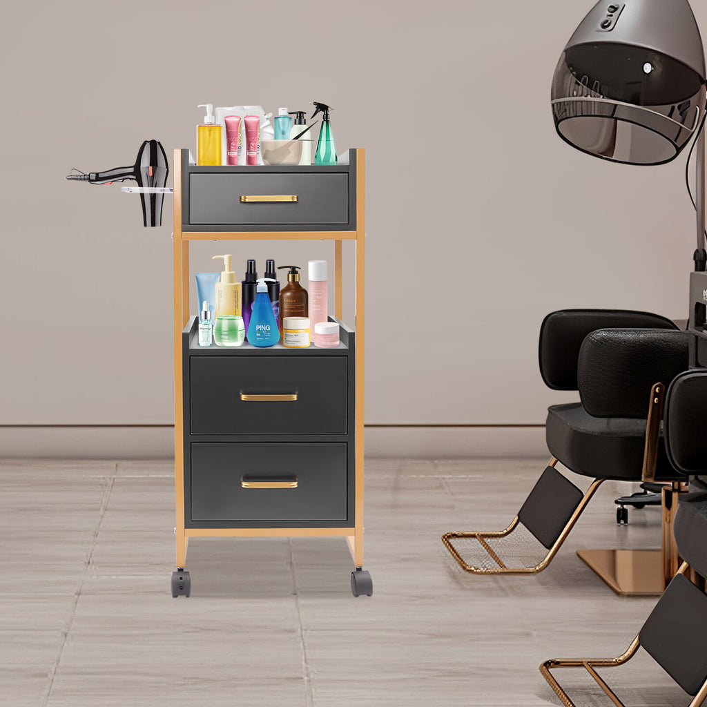 Mobile Salon Storage Cart with 3 Drawers and Hair Dryer Holder - Gold & Black