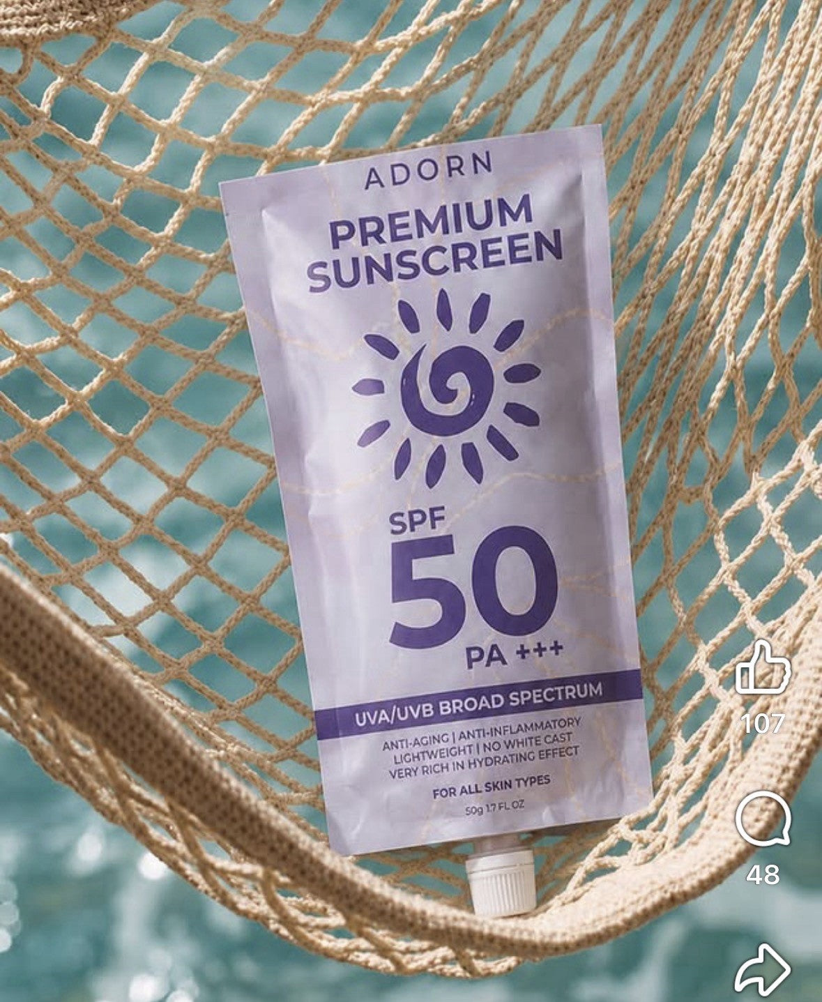 Adorn SPF 50 Sunscreen Face Protects Skin with Hyaluronic Acid & Centella 50g