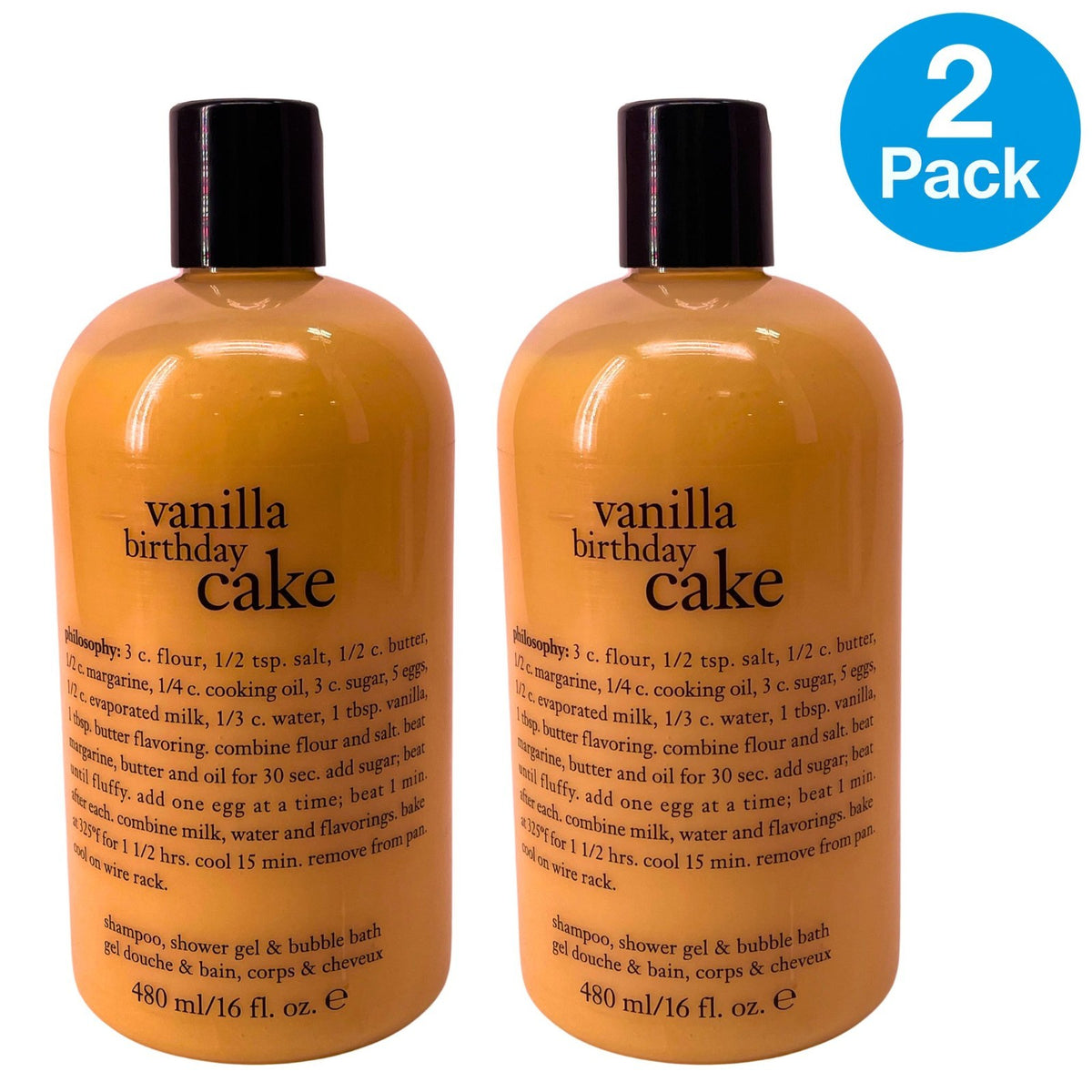 Vanilla Birthday Cake 3-in-1 Shampoo Shower Gel & Bubble Bath 16 oz 2 Pack