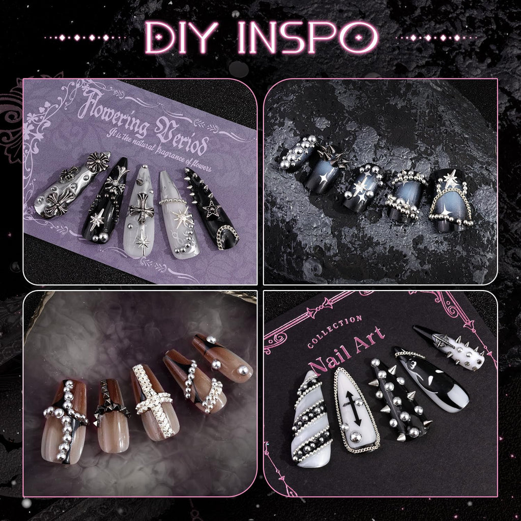 Gothic Nail Charms Set with 3D Studs Pearls & Beads for Nail Art