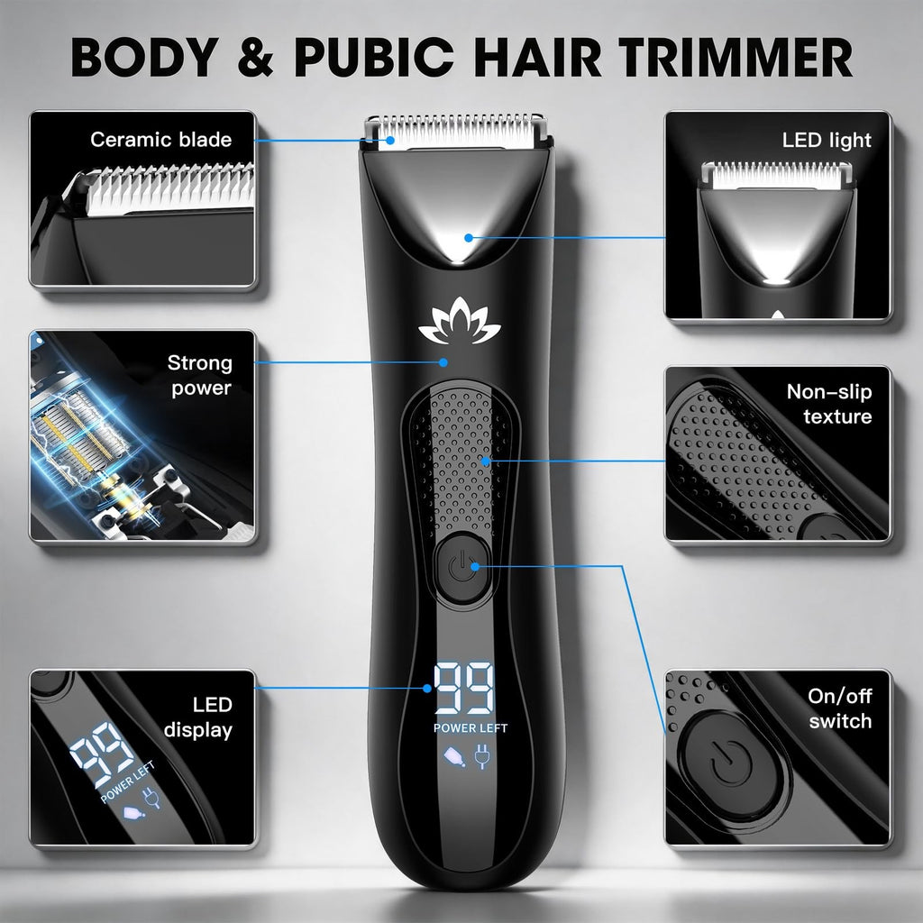 Men's Body Groomer & Ball Trimmer - Waterproof Electric Razor with LED Light