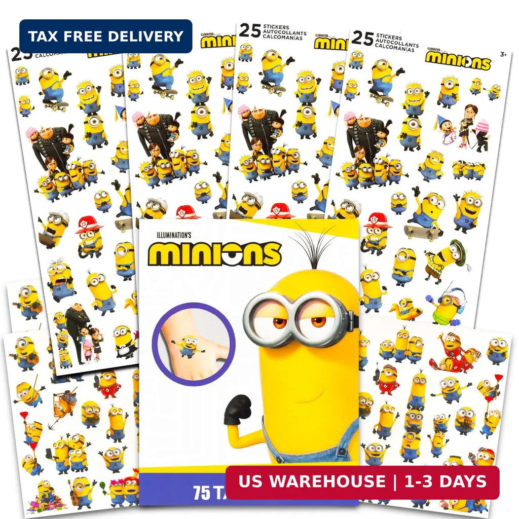 Minions Stickers & Tattoos Party Favors Bundle – 75 Temporary Tattoos, 100 Stickers
