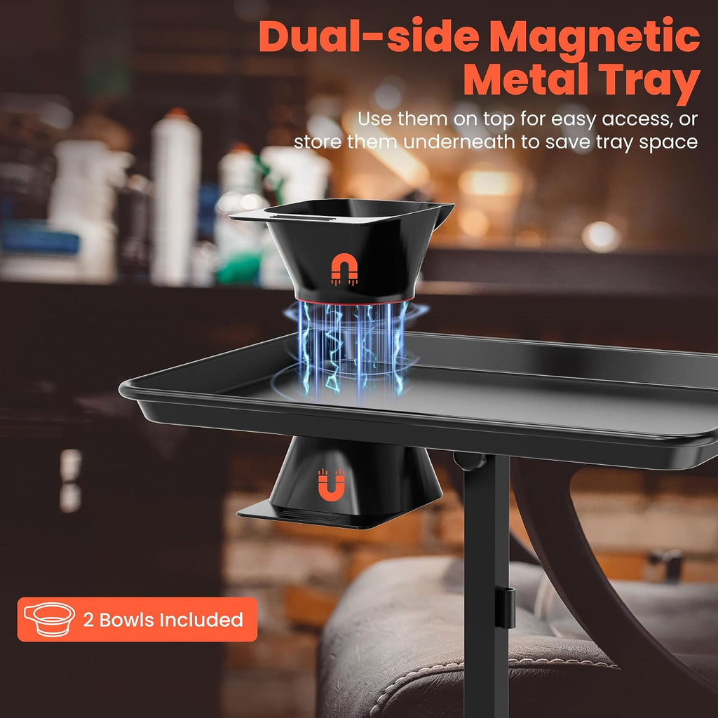 Chair Mounted Hair Tray with Magnetic Bowls and Dryer Holder for Salon & Barber