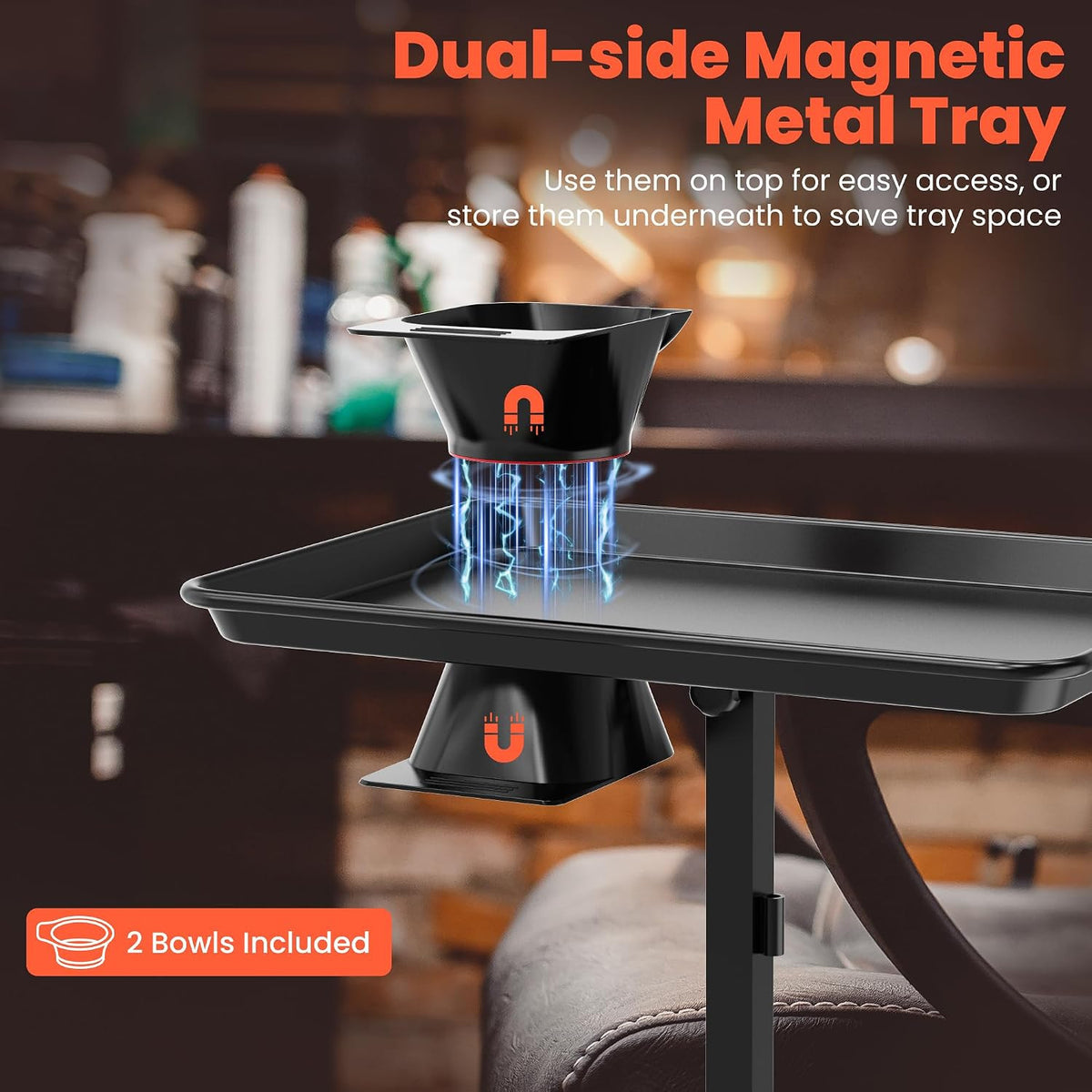 Chair Mounted Hair Tray with Magnetic Bowls and Dryer Holder for Salon & Barber