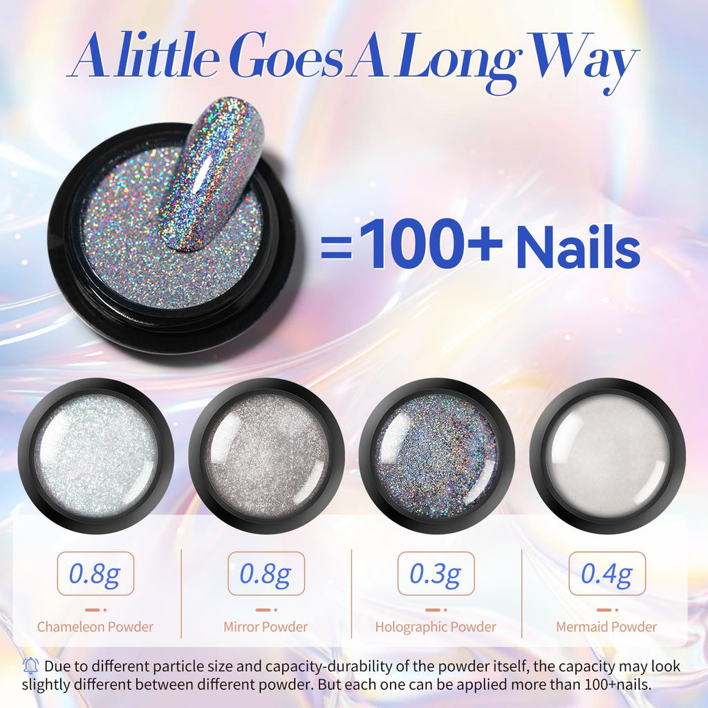 Chrome Nail Powder Set - White Pearl, Holographic & Mirror Effects