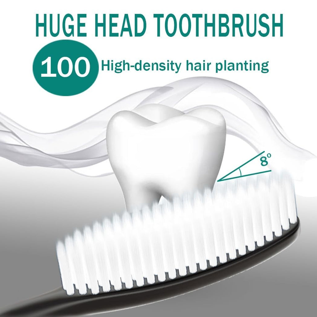 Long Head Toothbrush 4-Pack - Hard Charcoal Bristles for Whitening & Plaque Removal