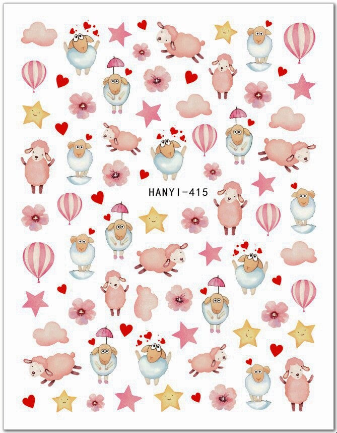 Nail Sticker Set with Pink Sheep and Air Balloon Designs - Assorted Decals for Nail Art