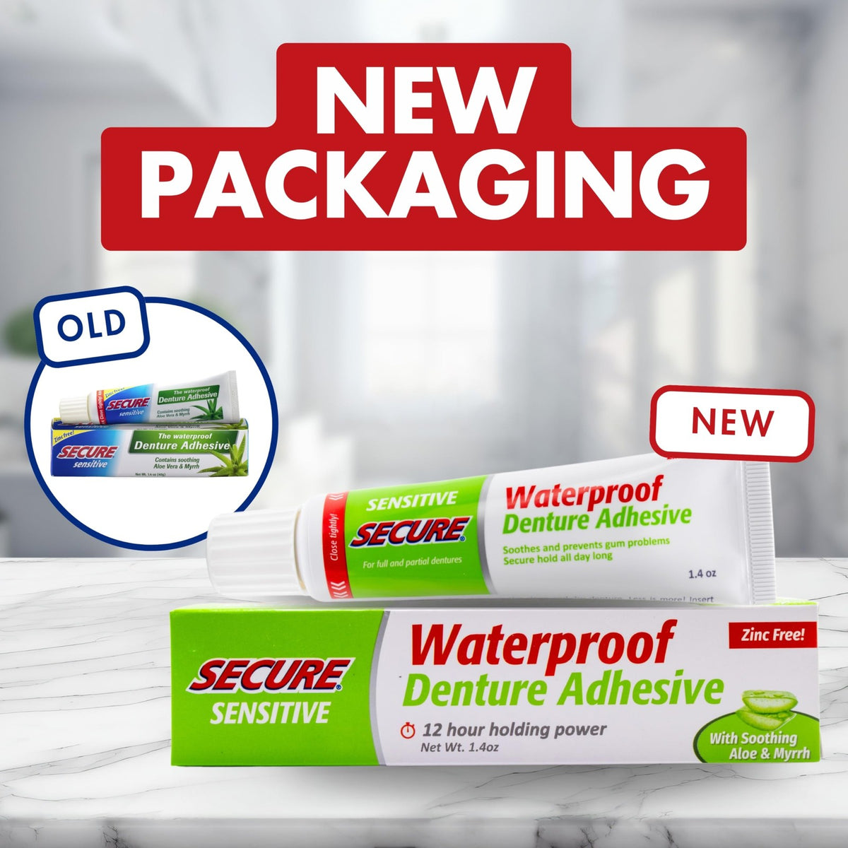 Waterproof Denture Adhesive with Aloe Vera for Sensitive Gums - Zinc-Free, 12-Hour Hold