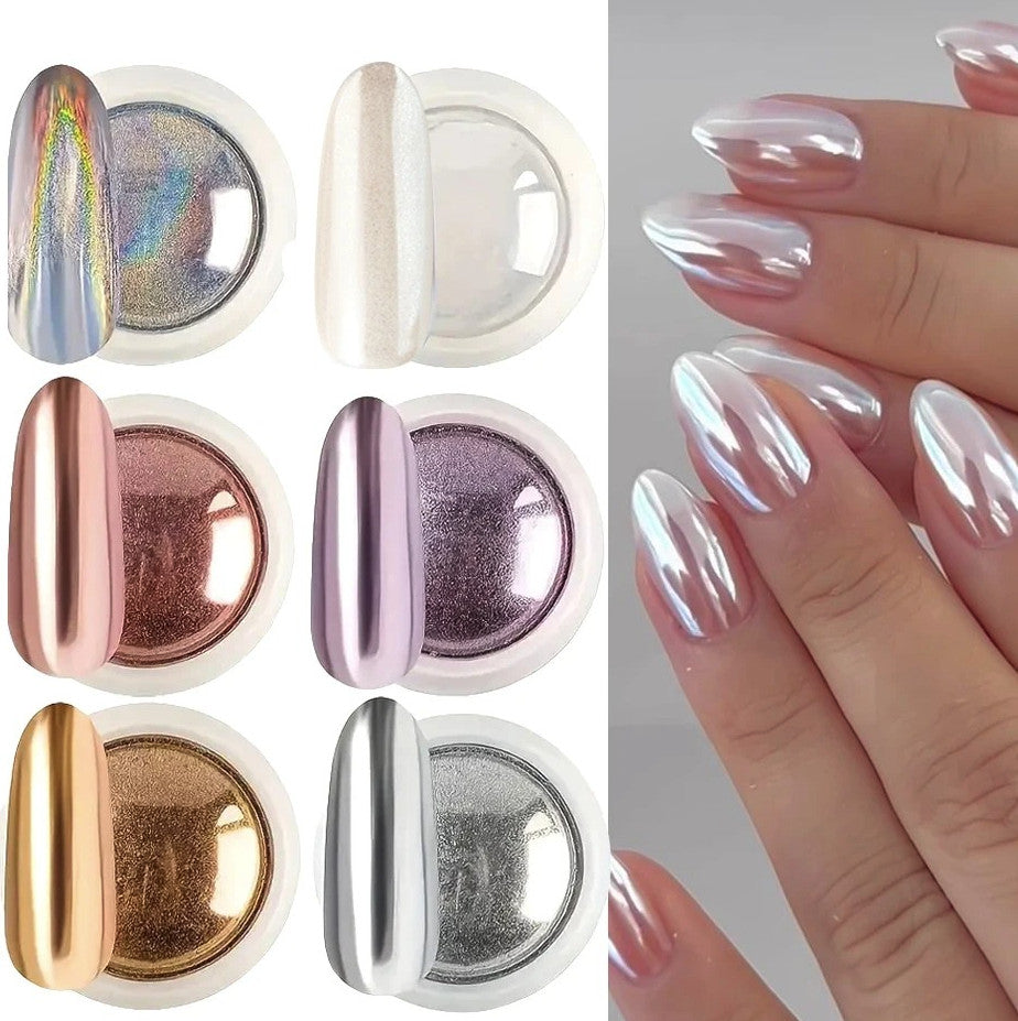 6pcs Chrome Mirror Nail Powder Set Holographic Aurora Metallic Pigments