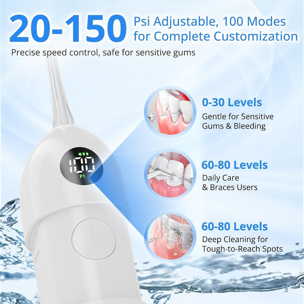 Portable Water Flosser for Teeth with 100 Power Levels, 0-150 PSI Adjustable Pressure, Cordless Dental Oral Care